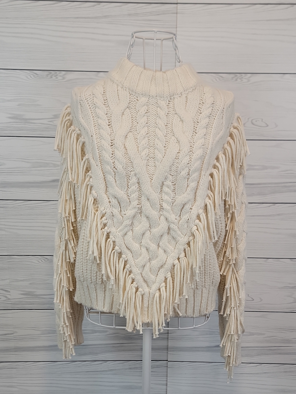 H&M Cream Cable Knit Turtleneck Sweater with Fringe Womens Size XS
